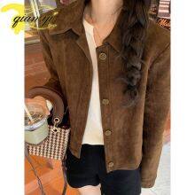 Coffee Suede Coat Women's New Autumn Vintage Lapel Senior Sense Niche Short Jacket Top thumbnail-4