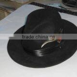 Mens Hat 100% Wool Wide Round Brim Fedora Cap Satin Feather Band Black thumbnail-2
