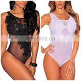 Mika72083 New Sexy Mesh Bodysuit Top Lace Flower Embroidery Body Top Women Ladies Sheer Bodysuit