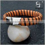 Brown and Black Stripe Leather Braided Cuff Bracelet Wristband, Couples Christmas Gift Stainless Steel Clasp thumbnail-4
