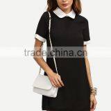 Black Peter Pan Collar Short Sleeve Shift Dress Patchwork 100% Polyester Short Sleeve Short Dress thumbnail-2