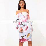 Ruffle Flare Sleeve Digital Floral Print off Shoulder Bodycon Bardot Dress thumbnail-2