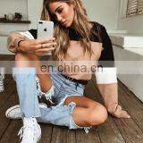 Custom Logo Print Embroidery Vendor With Long Sleeve Pullover Women Stripe Panels Crew Neck Sweatshirt Crop Top thumbnail-3