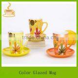 Bright color glazed ceramic mug with pattern and saucer /ceramic mug LJ-4327