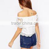 New Sexy Off the Shoulder Lace Plain Crop Tops Wholesale For Women Short Hollow Out Crochet Top thumbnail-3