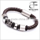 mens brown braided leather bracelet, Leather Wrist Band Wristband Handcrafted logo engraved stainless steel Jewelry