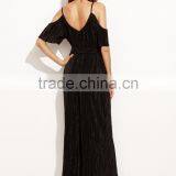 Black Cold Shoulder Self Tie Pleated Jumpsuit Polyester Spandex Half Sleeve V Neck Elegant Jumpsuit Dress thumbnail-5