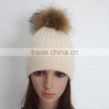 Myfur Wholesale Classic Beige Angola Rabbit Custom Knitted Pom Beanie Hat With Fur Pom thumbnail-2