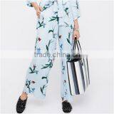 2017 China Wholesale Cotton Women Long Trousers Printed Bird Pattern Light Blue Pants Trousers thumbnail-1
