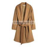 HAODUOYI Winter Women Light Tan Pockets Belt Front Trench Coat V Neck Long Line Woolen Coat thumbnail-2
