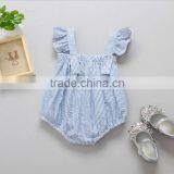 Summer Baby Wear Clothes Toddler Seersucker Jumpsuit Infant Girls Ruffle Sleeve Romper With White Bow thumbnail-2