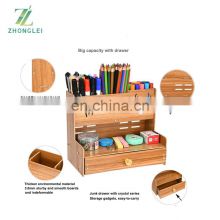 Wooden Pen Organizer Multi-Functional DIY Pen Holder Box Art Supply Organizer Desktop Stationary Storage With Drawer for Office thumbnail-3