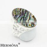 Precious Rainbow Real Abalone Shell 925 Sterling Silver Oval Big Stone Ring thumbnail-2