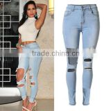 2016 Summer Fashion Women Sexy Front Cut Holes Jean Pants Ladies Stretch Pencil Fit Skinny High Waist Damaged Jeans Pant Design