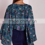2016 Latest Fashion Design Lady Printed Cape Sleeve Tie Front Blouse thumbnail-5