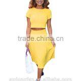 Wholesale 2016 New Fashion Ladies Women Dress Elegant Two Pieces Female Dress Summer Women Crop Tops Blouse Pleated Yellow Long thumbnail-1