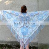 Metallic Lace Shawl, Long Fringe Scarf, Floral Scarf, Summer Shawl, Silver Shawl, Shawl With Roses thumbnail-5