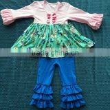 2015 Ney Style Puff Sleeve Pink Top With Bib Carousel Dress and Solid Blue Ruffle Pants YW-193 thumbnail-1