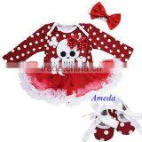 Xmas Skull Baby Red Polka Dots White Ruffles Long Sleeves Bodysuit Pettiskirt and Headband Crib Shoes NB-18M thumbnail-1