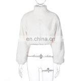 Hot Selling White Color Women Winter Fleece Zip up Crop Bomber Jackets and Coats thumbnail-6