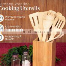Organic Bamboo Wooden Kitchen Cooking Tools Spoons Spatulas Utensils Set With Holder thumbnail-5
