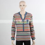 F5W11003 Contrast Collar Long Sleeve Aztec Print Shirts For Ladies