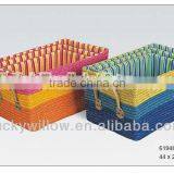 Cheap Colored Rectangle Straw Storage Basket With Liner and Leather Handle thumbnail-1