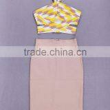 Halter Patchwork 2 Piece Set Knee Length Jacquard High Quality Rayon 2015 New Fashion Bodycon HL Night Wear Slim Bandage Dress thumbnail-1