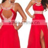 2015 New Arrival Prom Dresses A Line Scoop Sweep/Brush Train Chiffon Red Evening Dresses With Slit thumbnail-1