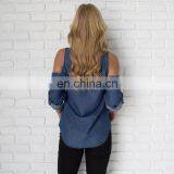 2017 Denim Chambray Cold Shoulder Summer Blouse Women thumbnail-3
