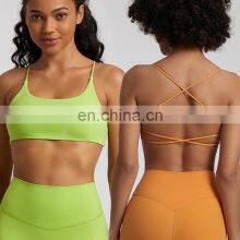 Summer New Thin Straps Sexy Padded Cross Back Open Back Sports Gym Fitness Wear Workout Soft Nude Feeling Women Yoga Bra Top thumbnail-4