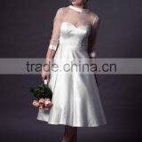 (MY0509) MARRY YOU 2016 Short High Neck Soft Satin Tea Length Wedding Dresses With Sleeves thumbnail-1