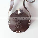 Big Outdoor Stainless Steel Round Hip Flask With Leather Case Easy Carried