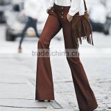 Women Mid Rise Sailor Flare Brown Color Double breasted Long Pants Trousers