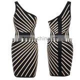 Hot Elastic Knitted Fashion Ladies One Shoulder Black And White Striped Bandage Dress Cocktail Party Dress thumbnail-6
