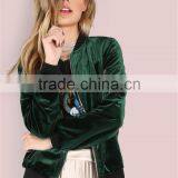 Women Smooth Velvet Bomber Jacket Hunter Green Zip Up Coat With Ribbed Cuff And Collar thumbnail-3