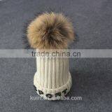 Womens Winter Cap Real Raccoon Fur Poms Hat With Plush Thicken Knit Cap Embroideried thumbnail-2
