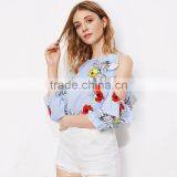 Frill Design Cold Shoulder Blue Stripe Top Ladies Floral Casual Blouse thumbnail-3