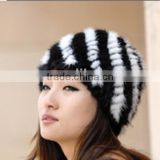 YR428 Bright White and Black Stripes Knitted Mink Fur Hat