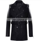 Fashion Design European Style Front Zipper Men Woolen Leather Sleeve Trench Coat With Belt