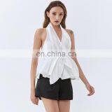 TWOTWINSTYLE Women Shirt Halter Sleeveless Backless Short Blouse Patchwork Bowknot Slim thumbnail-3