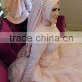 Hot Sale Beautiful Pink Tulle Ball Gown Applique Lace Long Sleeve Hijab Wedding Dress