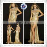 Luxury Long Sleeve Mermaid Gold Crystal Beaded Evening Dress thumbnail-1