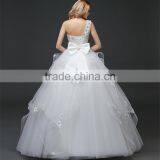 Floral Lace Trim Hem One Shoulder Crystals Pearl Ball Gown Appliques Lace Tulle Customize Wedding Dresses thumbnail-2