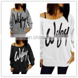 Online Shopping Clothes Women Cotton Jersey Long Sleeve Big Collar Casual Tshirt with Logo Printed