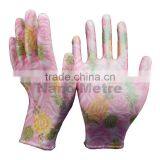 NMSAFETYEN388 13 Gauge Pink Nylon Liner Coated Flower Print PU Garden Gloves thumbnail-1