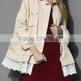 Beige Color Concealed Zip Button Closured Front Women Short Plus Size Coat With Lace thumbnail-2