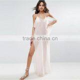 2017 Summer Women Sexy Maxi Beach Kaftan Cold Shoulders Transparent Chiffon Dress HSm9087