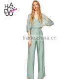 HAODUOYI Light Green Patchwork Women Jumpsuit V-neck Half Sleeve Sashes Elegant Culottes Perspective Lady Jumpsuit for Wholesale thumbnail-1