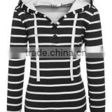 Ladies Women Casual Hooded Long Sleeve Striped Pullover Hoodies With Fleece